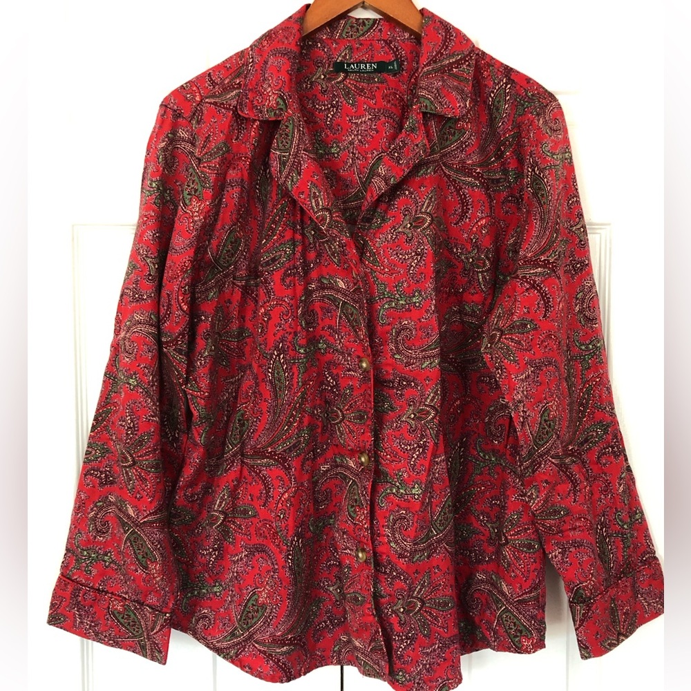 Lauren Ralph Lauren Pajama Set 2 Piece Red Paisley Print Cotton Poplin Size XL